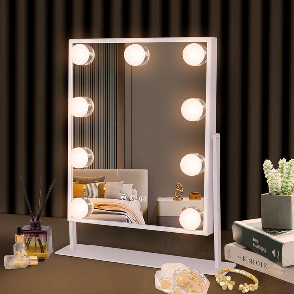 Hansong Vanity Mirror with Lights Light up Vanity Makeup Mirror with 9 LED Bulbs Tabletop Plug in Makeup Mirror with Lights 360 Rotation with 10x