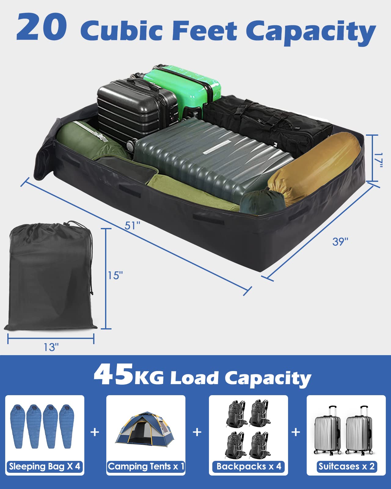 Zacro Car Roof Bag 425 Litres 15 Cubic Feet Cargo Bag, Foldable and Waterproof Car Top Carrier, Straps for Any Car with Roof Rack or No Rails