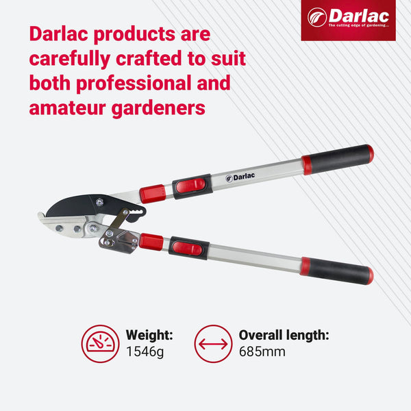 Darlac Telescopic Ratchet Lopper – Recommended by Professionals – Extendable Handles – Powerful Ratchet Action – 50mm Cut Capacity – Ideal for Gardeners with Dexterity Issues - SK5 Carbon Steel Blade