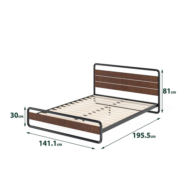 Zinus Therese Single Bed frame - Bed 90x190 cm - 20 cm Height - Metal and Wood Platform bed frame with wood slat support - Brown