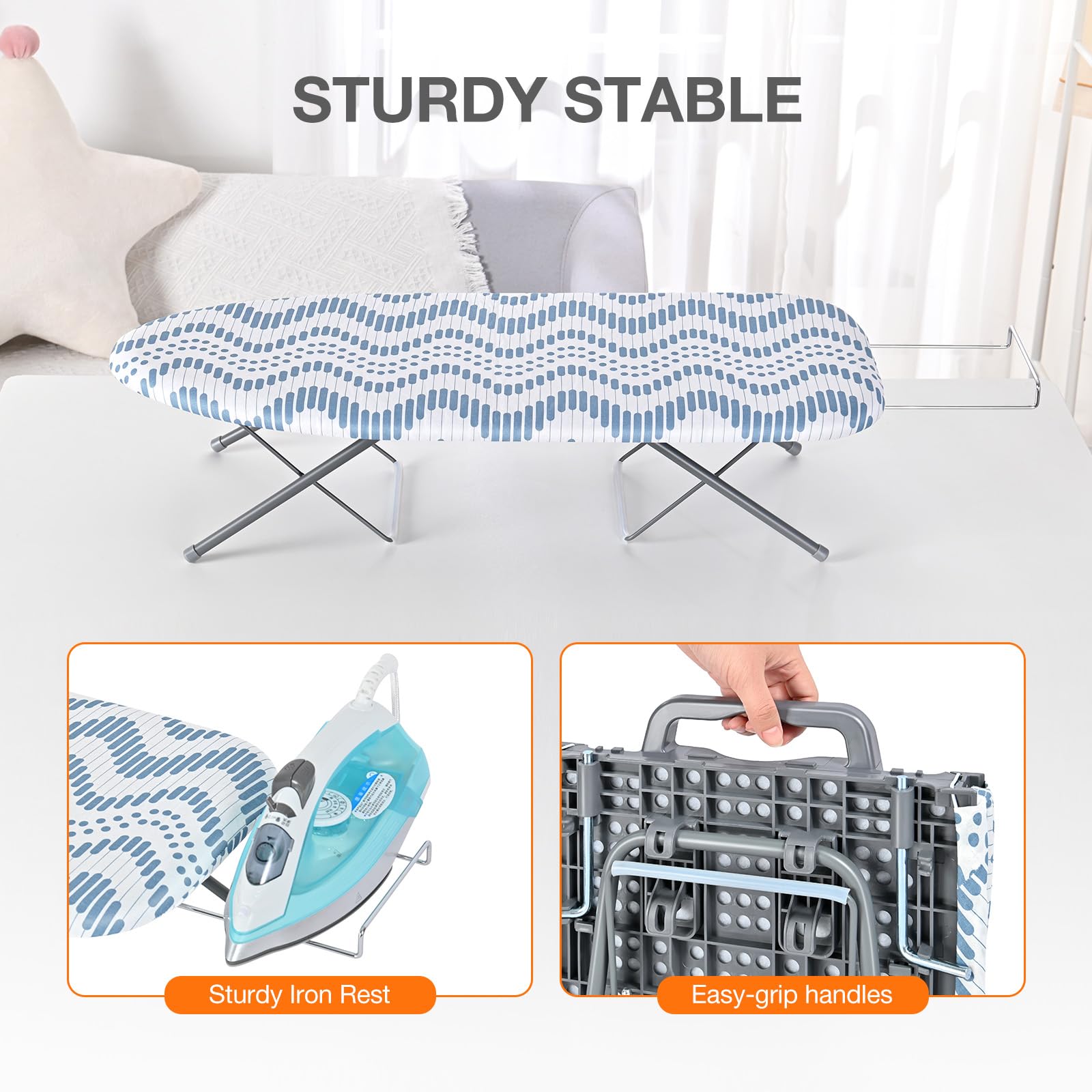 KINGRACK Foldable Ironing Board with Iron Rest, Small Ironing Board, Extra Thick Cover, Portable Tabletop Iron Board wiht Non-Slip Feet for Home