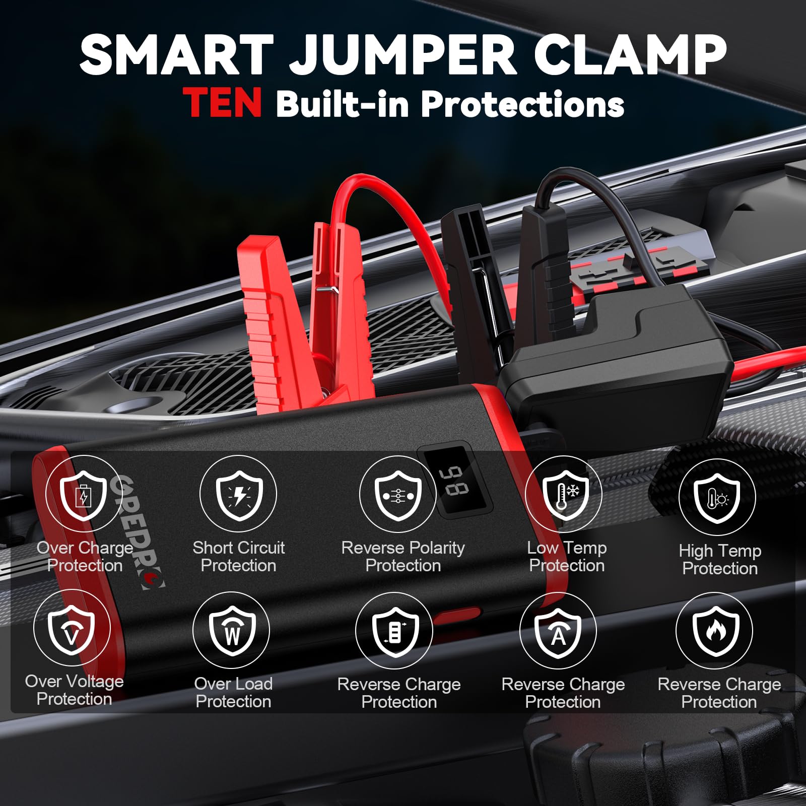 GREPRO Jump Starter Power Pack (up to 6.5L Gas, 4.0L Diesel), Car Battery Booster Jump Starter and Jump Pack for 12V Vehicles, Motorcycle, Battery Booster with LCD Screen and LED Flashlight