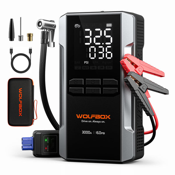 WOLFBOX 4000A Jump Starter Power Pack with 160PSI Air Compressor, 12V Car Battery Booster Jump Starter,65W Fast Charge, 24000mAh Portable Tire Inflator(10L Gas 10L Diesel Engines),LED Light,Jump Leads