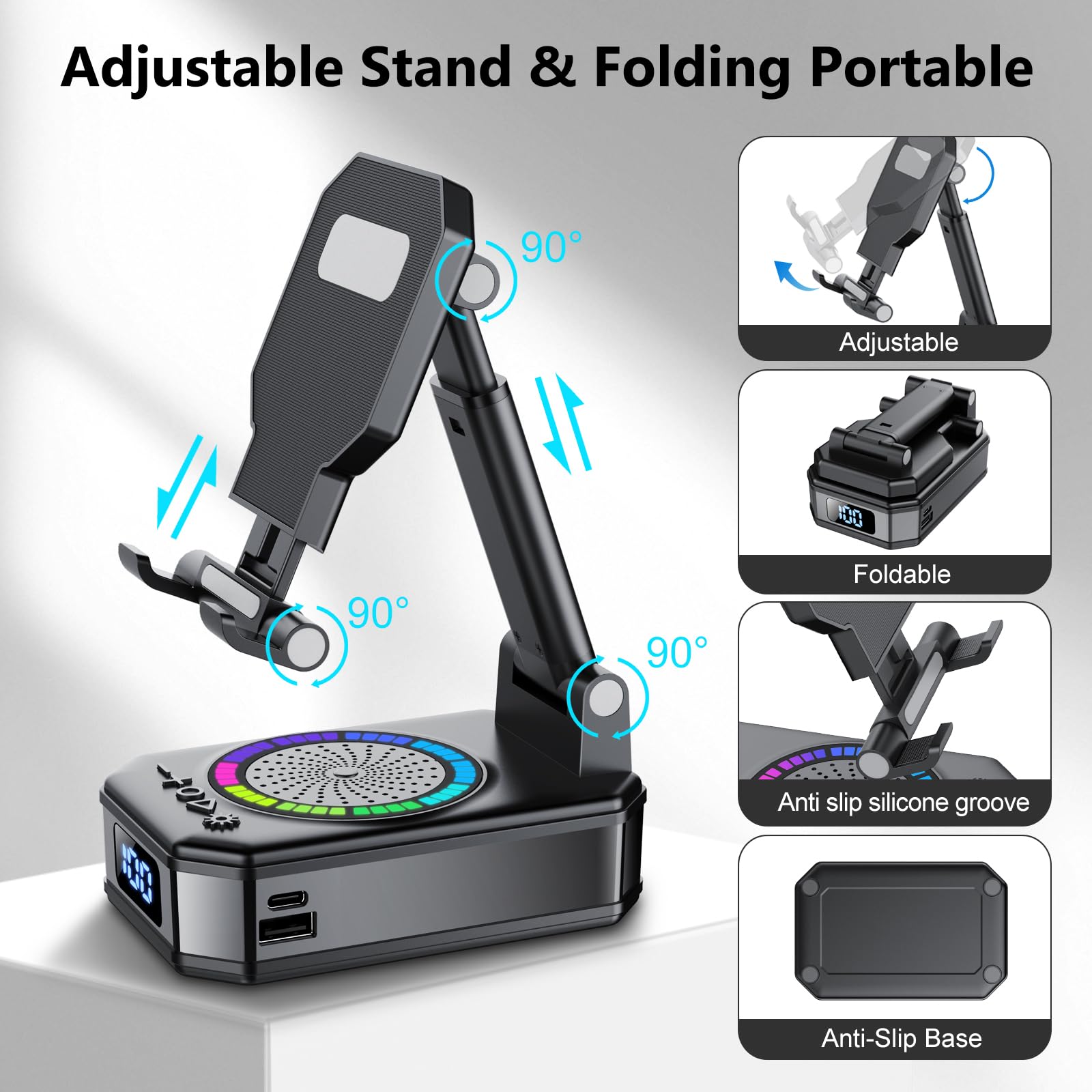 Gifts for Men Women, Phone Stand with Bluetooth Speaker, Anti-Slip Base, 4-in-1 Design with RGB, Foldable Phone Charger Stand with Wireless Speaker, Ideal for Dad Mom, Tech Gadget Stocking Fillers