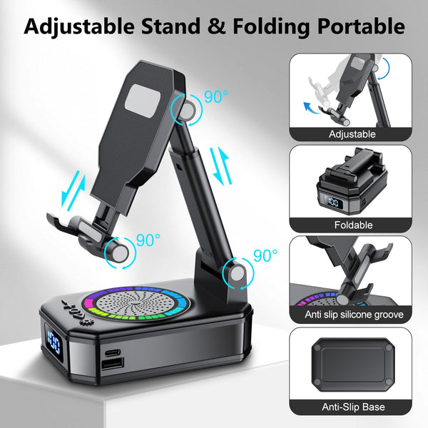 Gifts for Men Women, Phone Stand with Bluetooth Speaker, Anti-Slip Base, 4-in-1 Design with RGB, Foldable Phone Charger Stand with Wireless Speaker, Ideal for Dad Mom, Tech Gadget Stocking Fillers