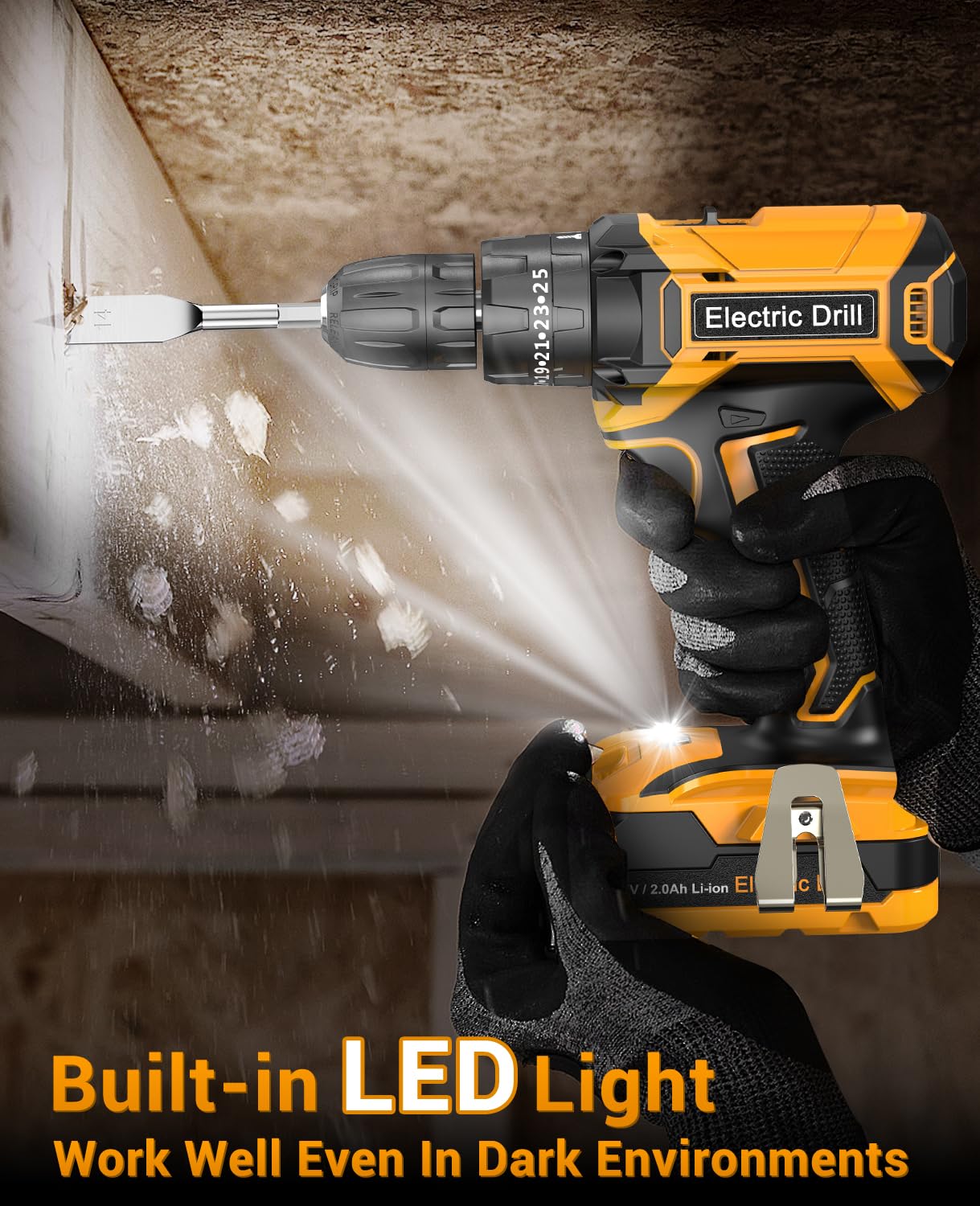 DYJPOW Brushless Cordless Hammer Drill Driver 21V, 2 Batteries 2000mAh, 20+3 Torque, 45N.m Max, 14PCS Drill Bits, 2 Speed, LED Light for Home, Garden DIY