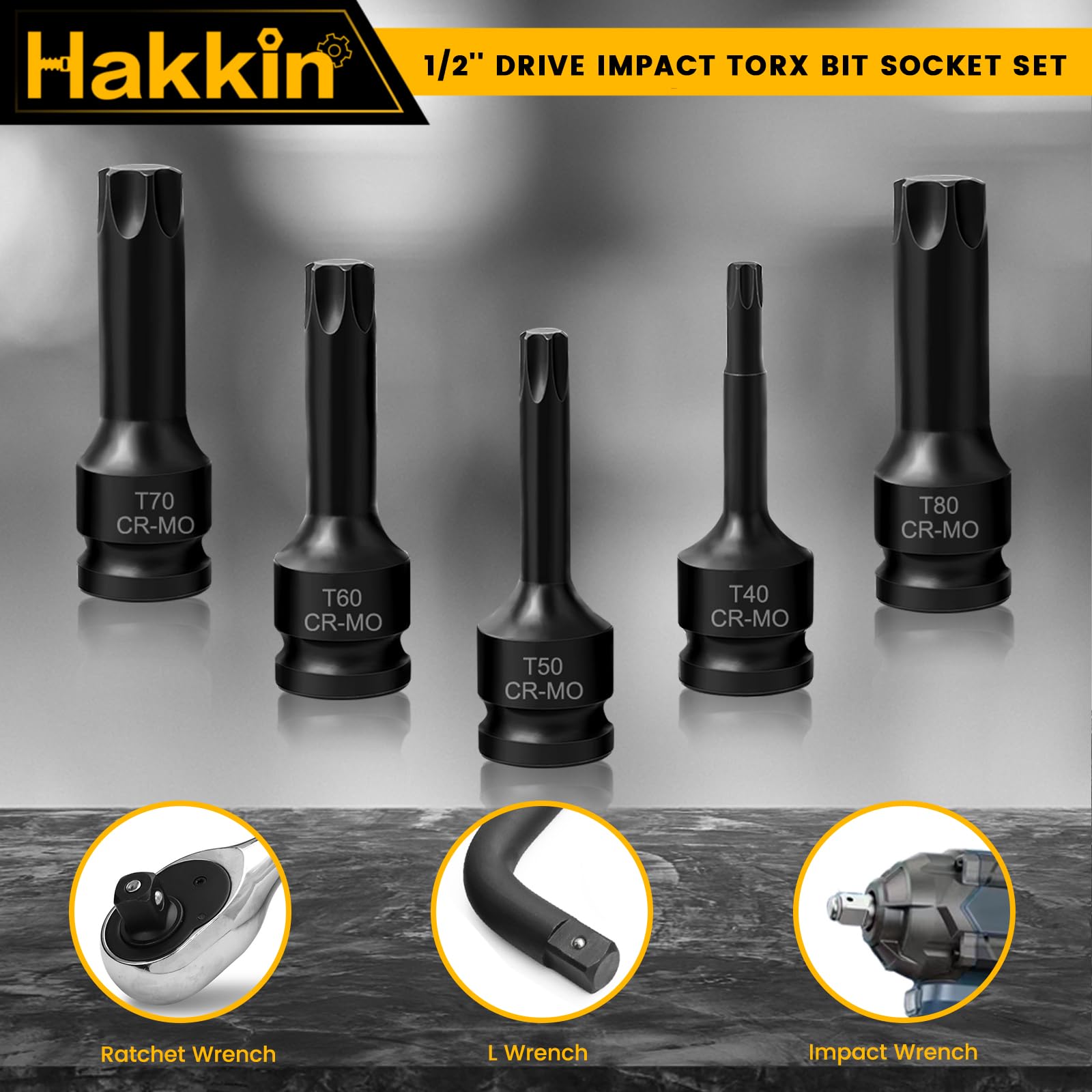 Hakkin 1/2" Impact Torx Bit Socket Set Heavy Duty Impact Star Bit Socket Set with Universal Joint T30 T40 T45 T50 T55 T60 T70 T80