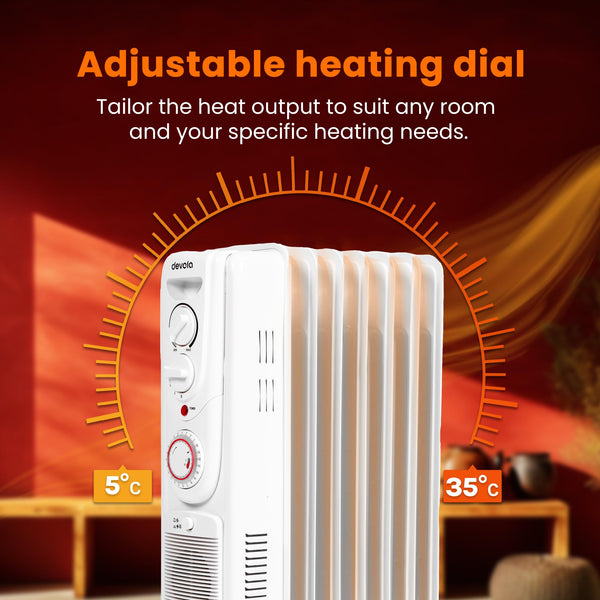 Devola 1500W 5 Fin Oil Filled Radiator, Low Energy Electric Heater with Thermal Fuse for Overheat Cut Off, Adjustable Heating Dial, Turbo Heating Option via PTC Fan, 24 Hour Timer - DVSOR5F15W (White)