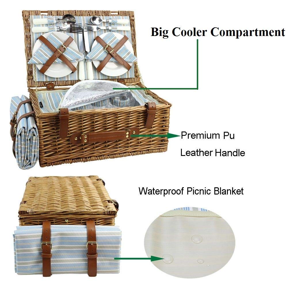HappyPicnic Wicker Picnic Basket Set for 4 Persons - Large Willow Hamper with Large Insulated Cooler Compartment, Free Waterproof Blanket and Cutlery