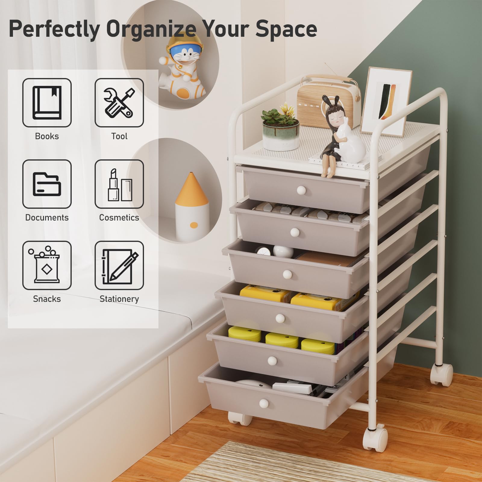 Johgee 6 Drawers Plastic Storage Cart, Multipurpose Mobile Organizer Shelving Unit with Lockable Wheels, Utility Rolling Cart Storage Trolley for Home