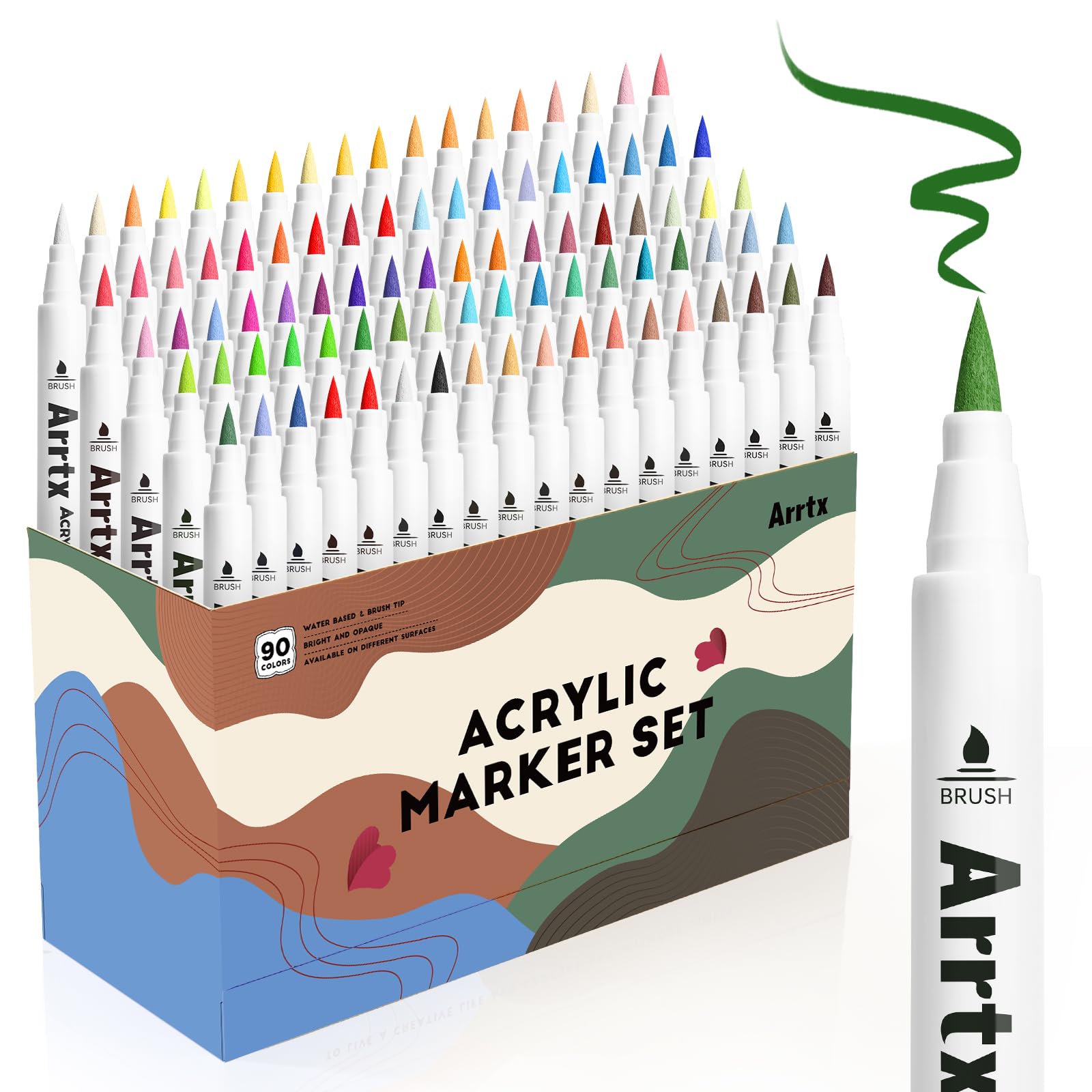 Arrtx 90 Colors Acrylic Markers Paint Pens, Acrylic Paint Pens for Artists Adults Coloring Drawing - Brush Tip Paint Marker for Rock Painting, Wood,