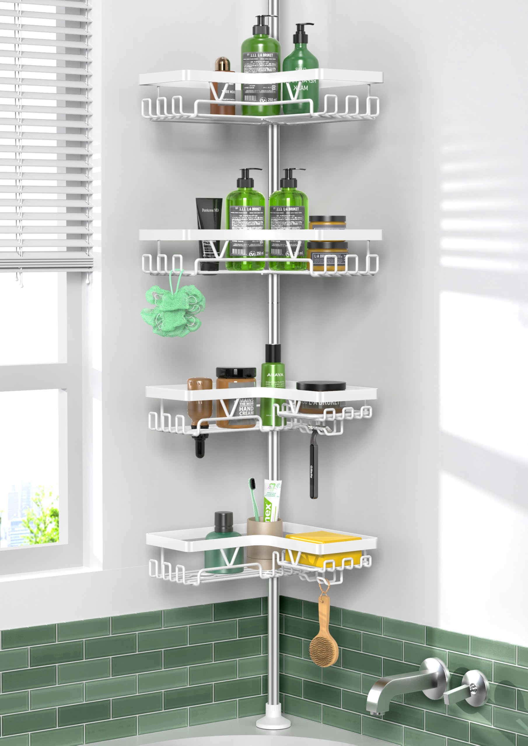 Kegii Telescopic Shower Caddy Corner - Stainless Steel Shower Shelf No Drilling Bathroom Caddy with Soap Holder and Hooks(White), On The Bath or Stand Up Shower