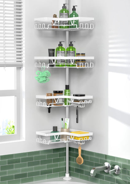 Kegii Telescopic Shower Caddy Corner - Stainless Steel Shower Shelf No Drilling Bathroom Caddy with Soap Holder and Hooks(White), On The Bath or Stand Up Shower