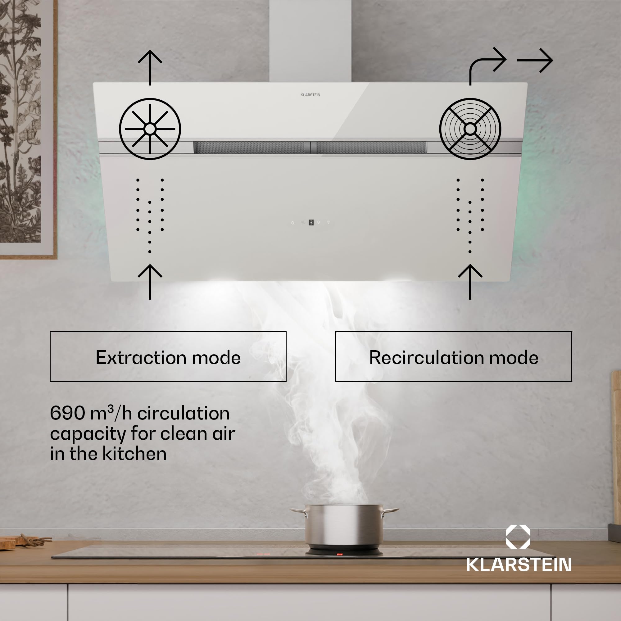 Klarstein Alina 90 Angled Cooker Hood - 600m³/h Air Flow, Touch Panel, LED Backlighting, Quiet 63dB, Energy Class A, 90cm Extractor Hood, Black