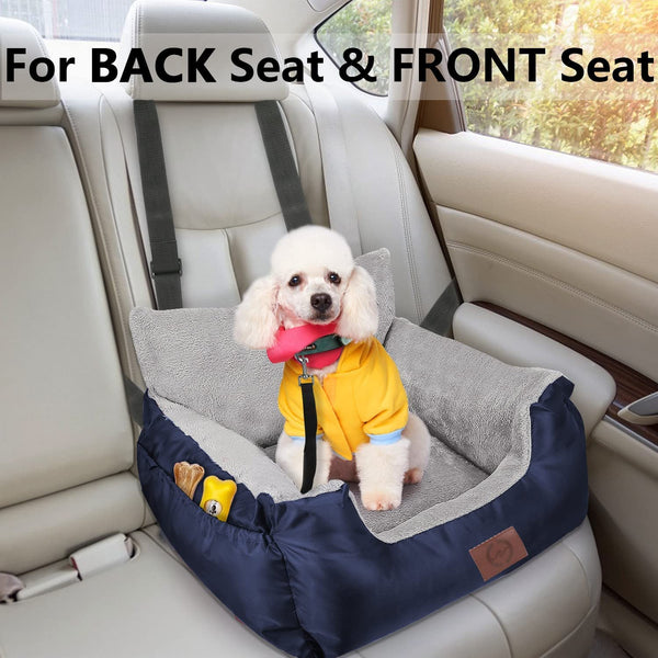 GoFirst Dog Car Seat for Small Dogs or Cats, Pet Booster Seat Travel Car Bed with Storage Pocket and Clip-On Safety Leash, Waterproof Warm Plush Dog Car Safety Seats,Black