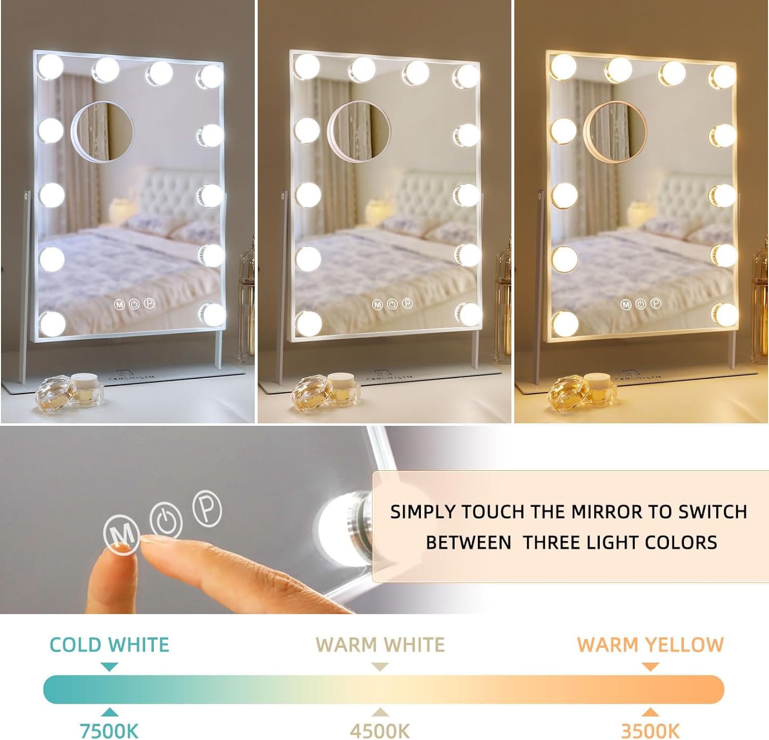 FENCHILIN Vanity Mirror with Lights Makeup Mirror with Lights 12 LED Bulbs Lighted Hollywood Mirror Light up Vanity Mirror 360 Rotation 3 Color