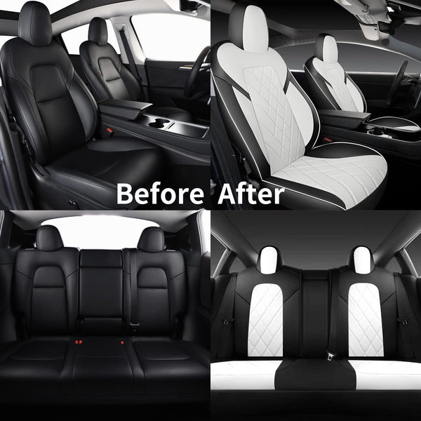 Tapha Faux Leather Seat Cover Set for Tesla Model 3 2017-2022, Breathable and Water-Resistant, Include Seat Covers for Front and Rear Seats (White/Grey)
