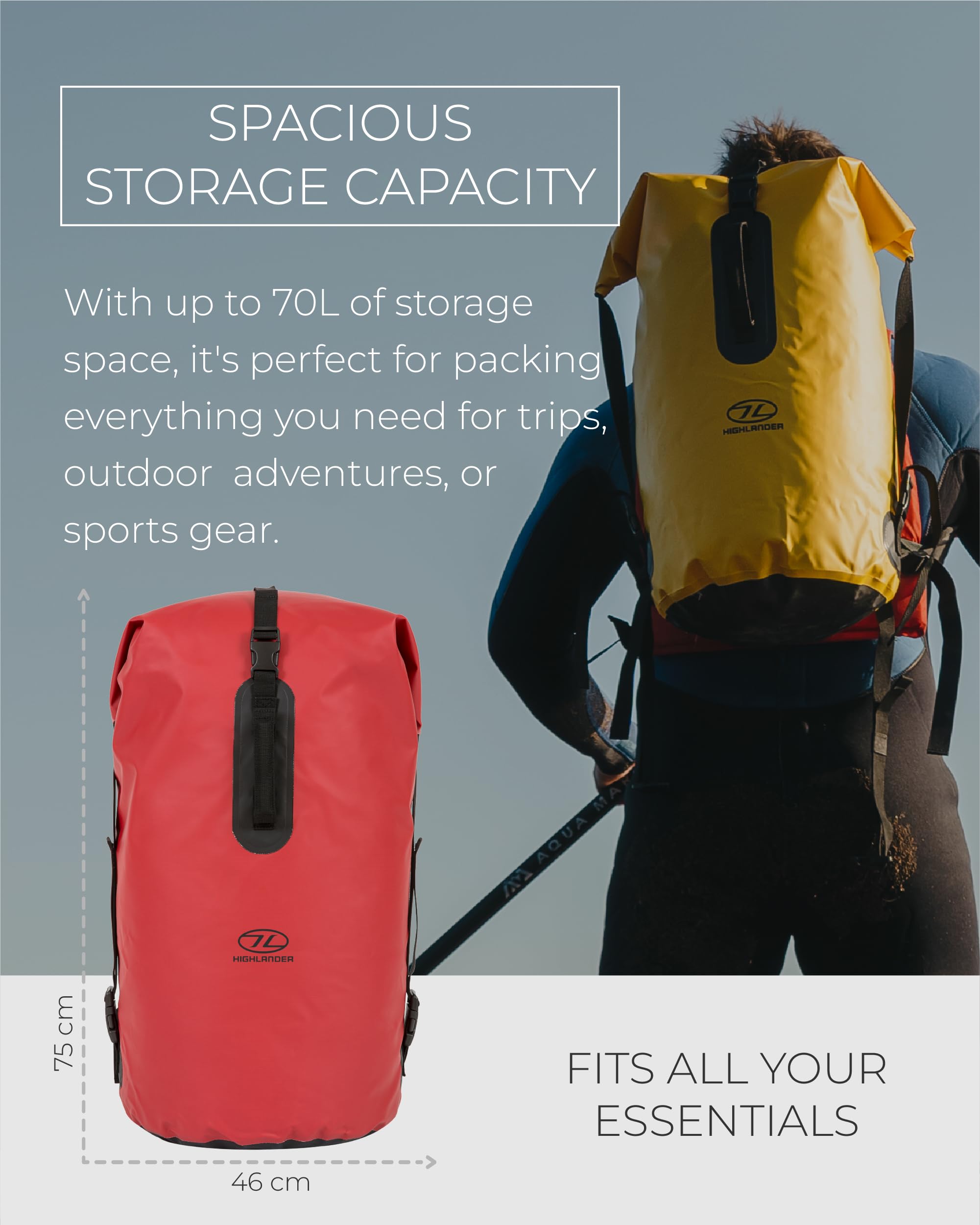 Highlander Waterproof Dry Bag 70L - Duffle Roll Top Backpack - Removable Backpack Adjustable Style Straps - Ideal for Canoeing, Fishing, Rafting,