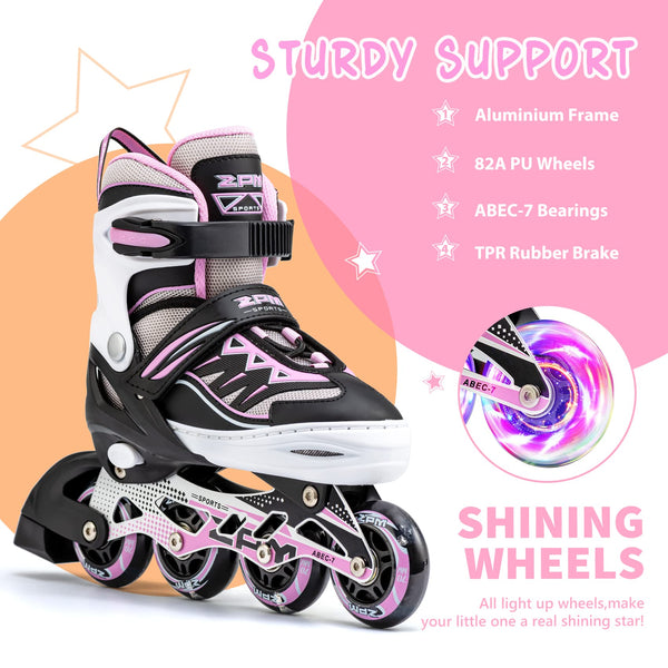 2pm Sports Adjustable Light up Inline Skates, Stylish Design Beginner Roller Skates for Boys and Girls - Pink Large