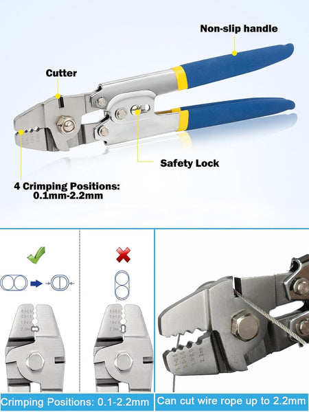 TooTaci Wire Rope Cable Crimping Tool Wire Rope Swager Crimper Fishing Crimping Tool with 200 PCS Aluminum Double Barrel Ferrule Crimping Loop Sleeves