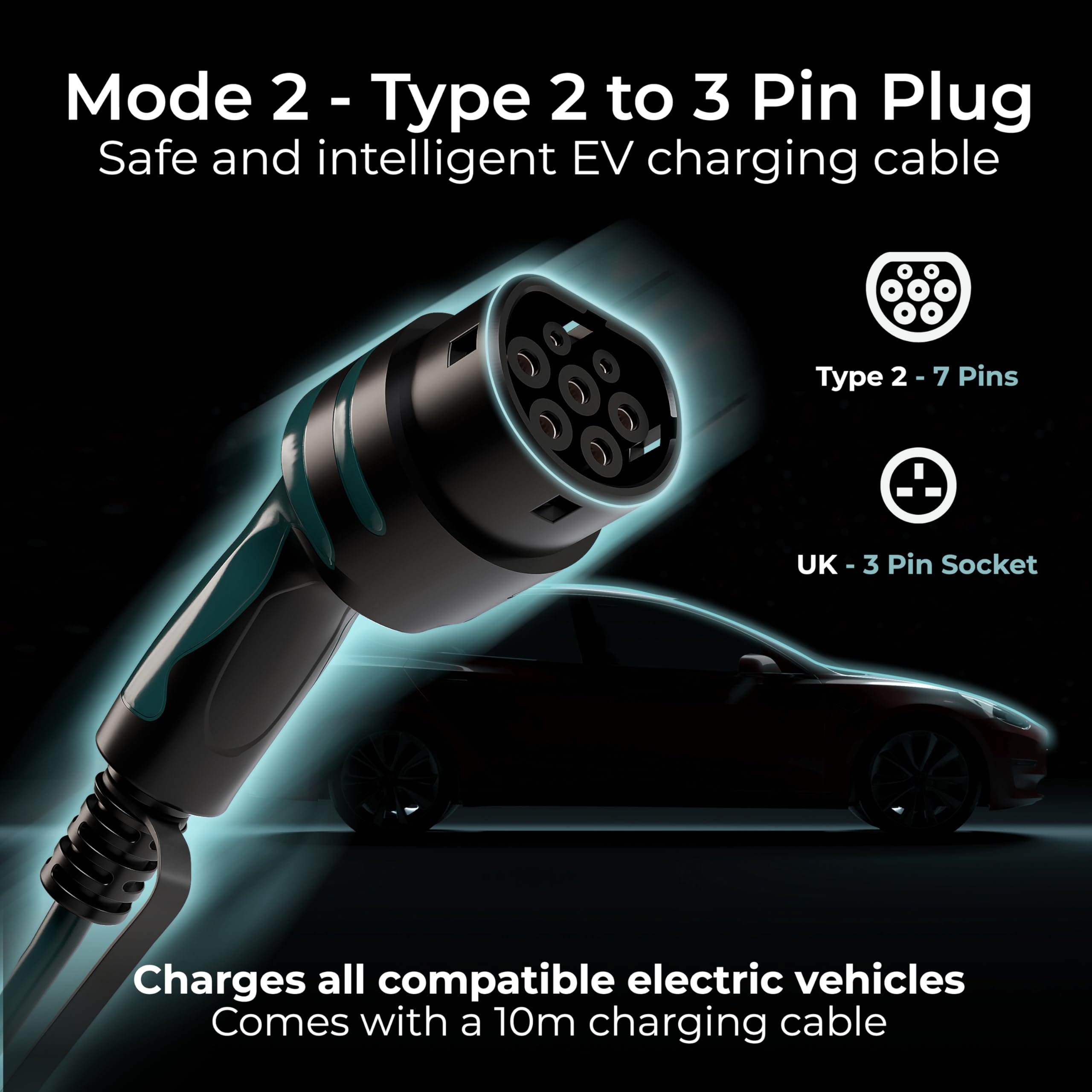 Masterplug EV Charging Cable for Electric and Hybrid Vehicles, 5 Metres, Mode 2, 3 Pin UK Plug to Type 2 Car Charger, 2.4kW, EVCM221005