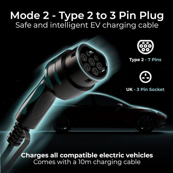 Masterplug EV Charging Cable for Electric and Hybrid Vehicles, 5 Metres, Mode 2, 3 Pin UK Plug to Type 2 Car Charger, 2.4kW, EVCM221005