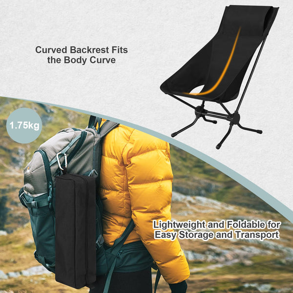 WOLTU Folding Camping Chair, Ultra Lightweight Alu Outdoor Chair, High Back, Portable Chair with Carrying Bag for Fishing, Picnic, Hiking, Heavy Duty 150kg Capacity, Black