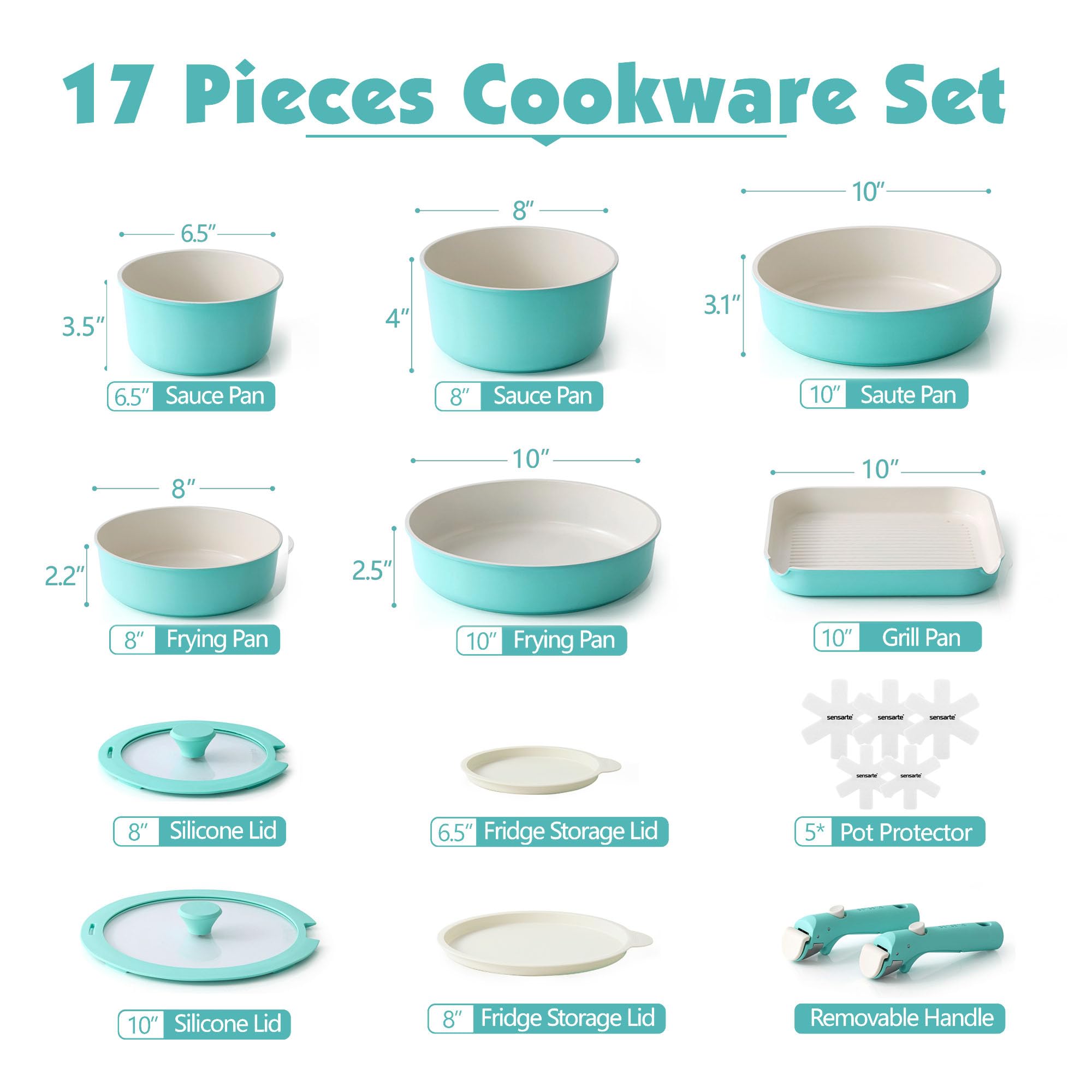 SENSARTE 17 Piece Pots and Pans Set, Nonstick Detachable Handle Cookware, Induction Kitchen Cookware Set with Removable Handle, Healthy Non Stick RV Cookware, Oven Safe (Black)