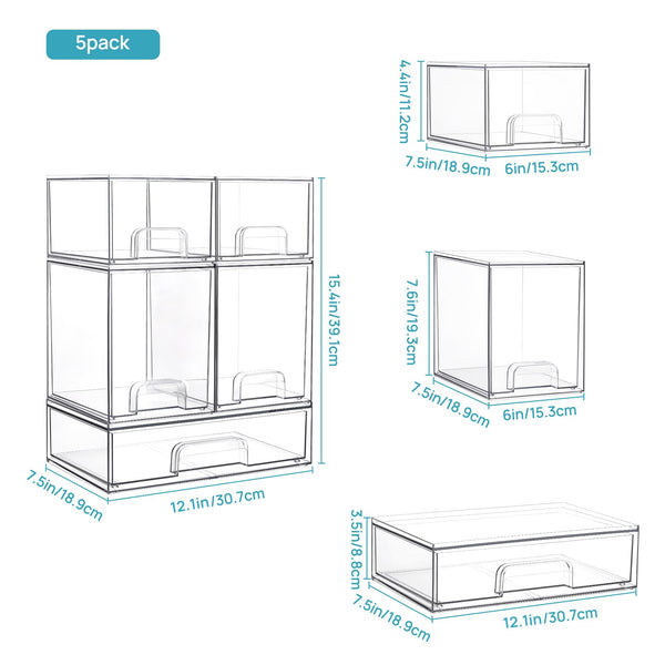 Vtopmart 4 pack Clear Stackable Storage Drawer, 4.4 Inch Tall Acrylic Bathroom Makeup Organiser, Plastic Storage box for Vanity, Under Sink, Kitchen Cupboard, Pantry, Home Organization