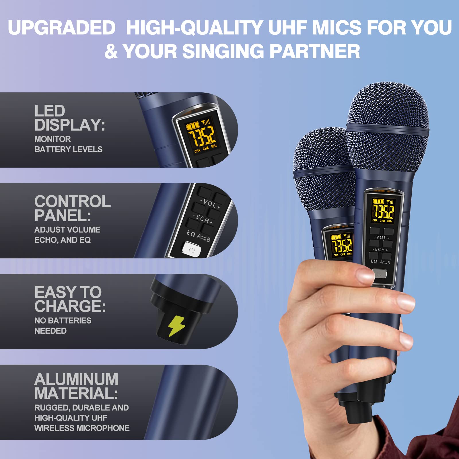 Upgrade Karaoke Machine for Adults and Kids,Portable Bluetooth 2 UHF Wireless Karaoke Microphone with Holder/USB/TF Card/AUX-in,PA Speaker System for Home Party, Picnic,Car,Outdoor/Indoor-Grey