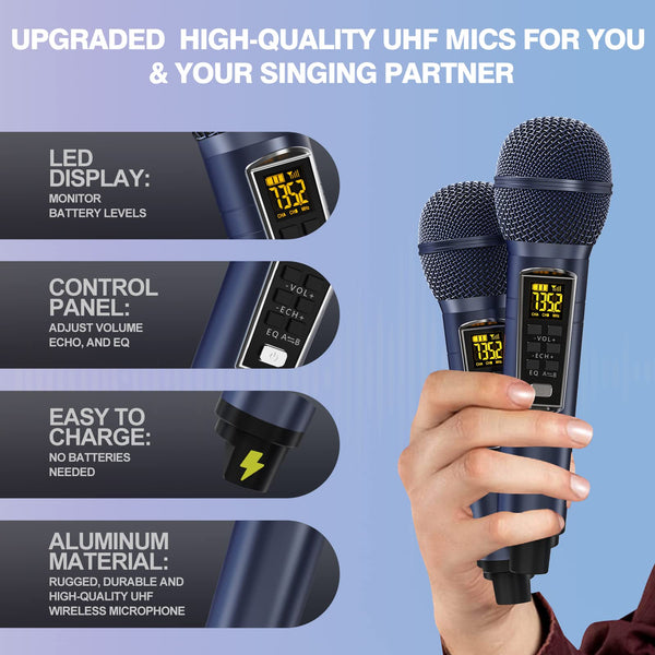 Upgrade Karaoke Machine for Adults and Kids,Portable Bluetooth 2 UHF Wireless Karaoke Microphone with Holder/USB/TF Card/AUX-in,PA Speaker System for Home Party, Picnic,Car,Outdoor/Indoor-Grey