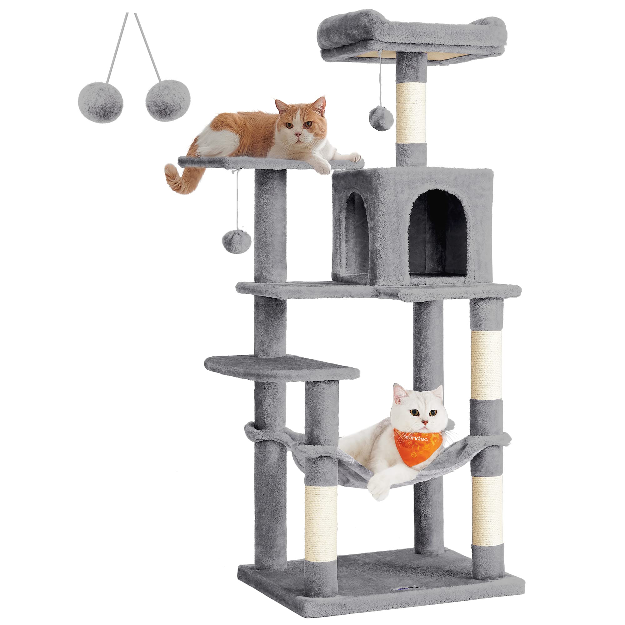 Feandrea Cat Tree, 143 cm Cat Tower for Indoor Cats, Multi-Level Plush Cat Condo with 4 Scratching Posts, 2 Perches, Cave, Hammock, Pompoms, Light