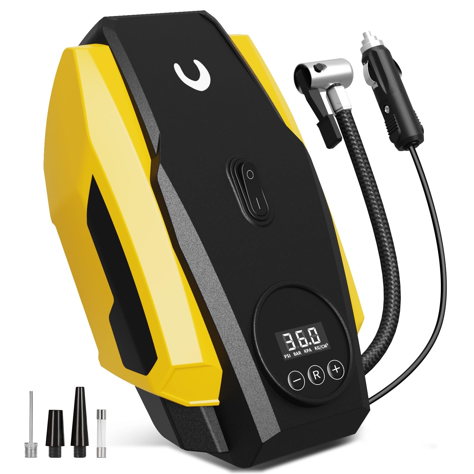 Powools Tyre Inflator Portable Air Compressor - Air Pump for Car Tyres - 12V DC Compact Tyre Pump with Auto Shutoff Function - Multipurpose Car Accessory with LED Light, Yellow, Medium