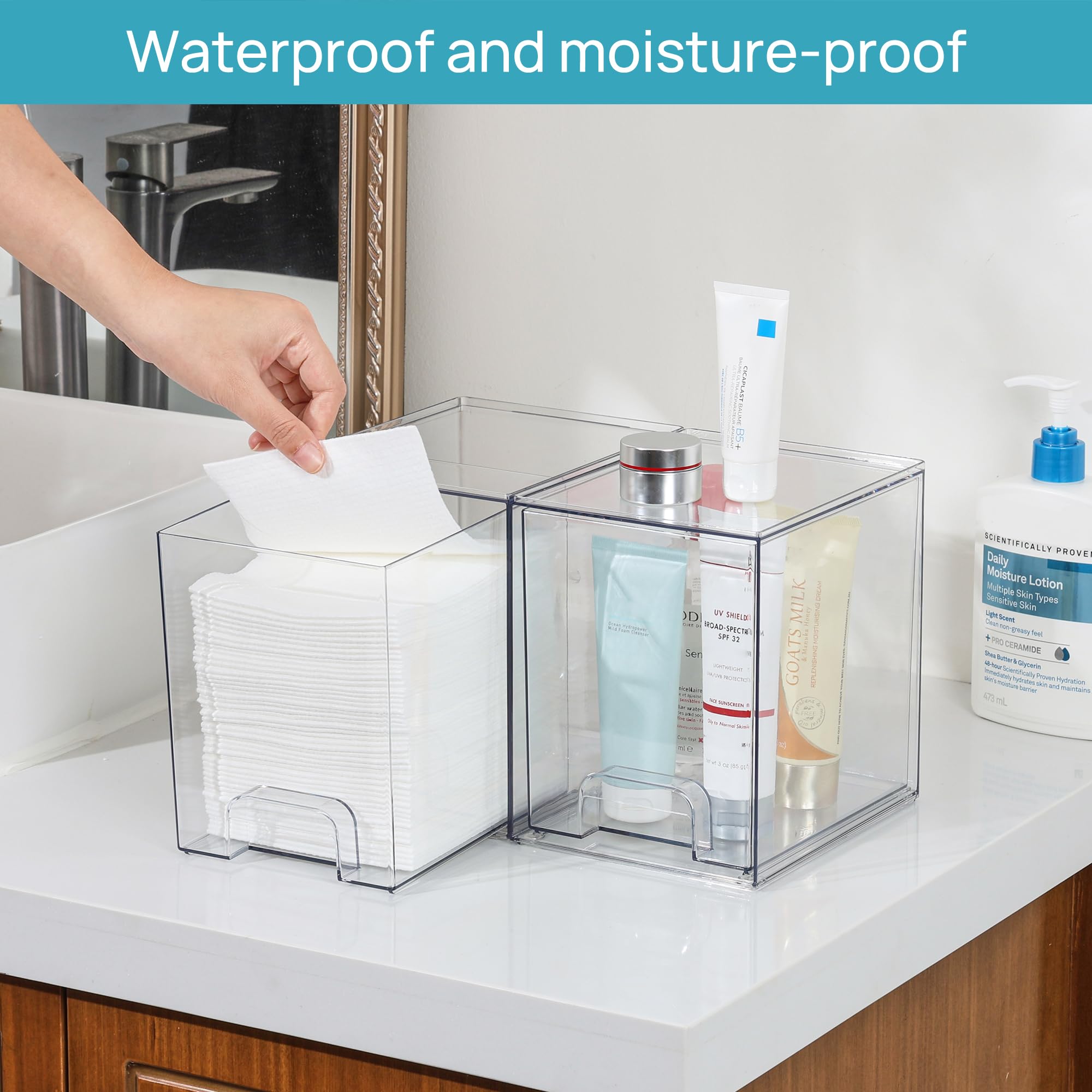 Vtopmart 4 pack Clear Stackable Storage Drawer, 4.4 Inch Tall Acrylic Bathroom Makeup Organiser, Plastic Storage box for Vanity, Under Sink, Kitchen Cupboard, Pantry, Home Organization