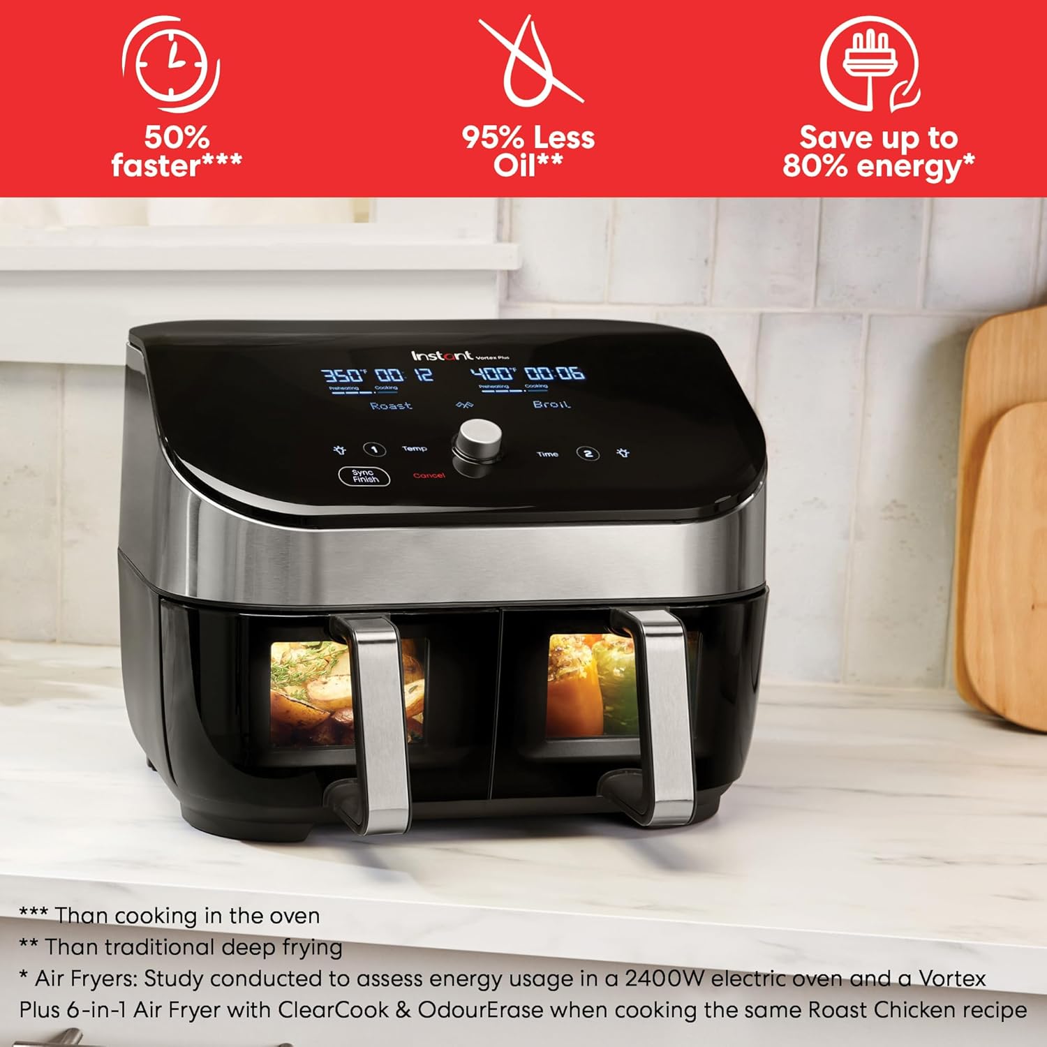 Instant Pot - Versazone Dual Black Air Fryer - Large 8.5L, Family Size - Single Double Basket with Divider - 8 in 1 - Food Dehydrate, Grill, Bake, Roast, Reheat, Non-Stick, Easy Clean, Dishwasher Safe