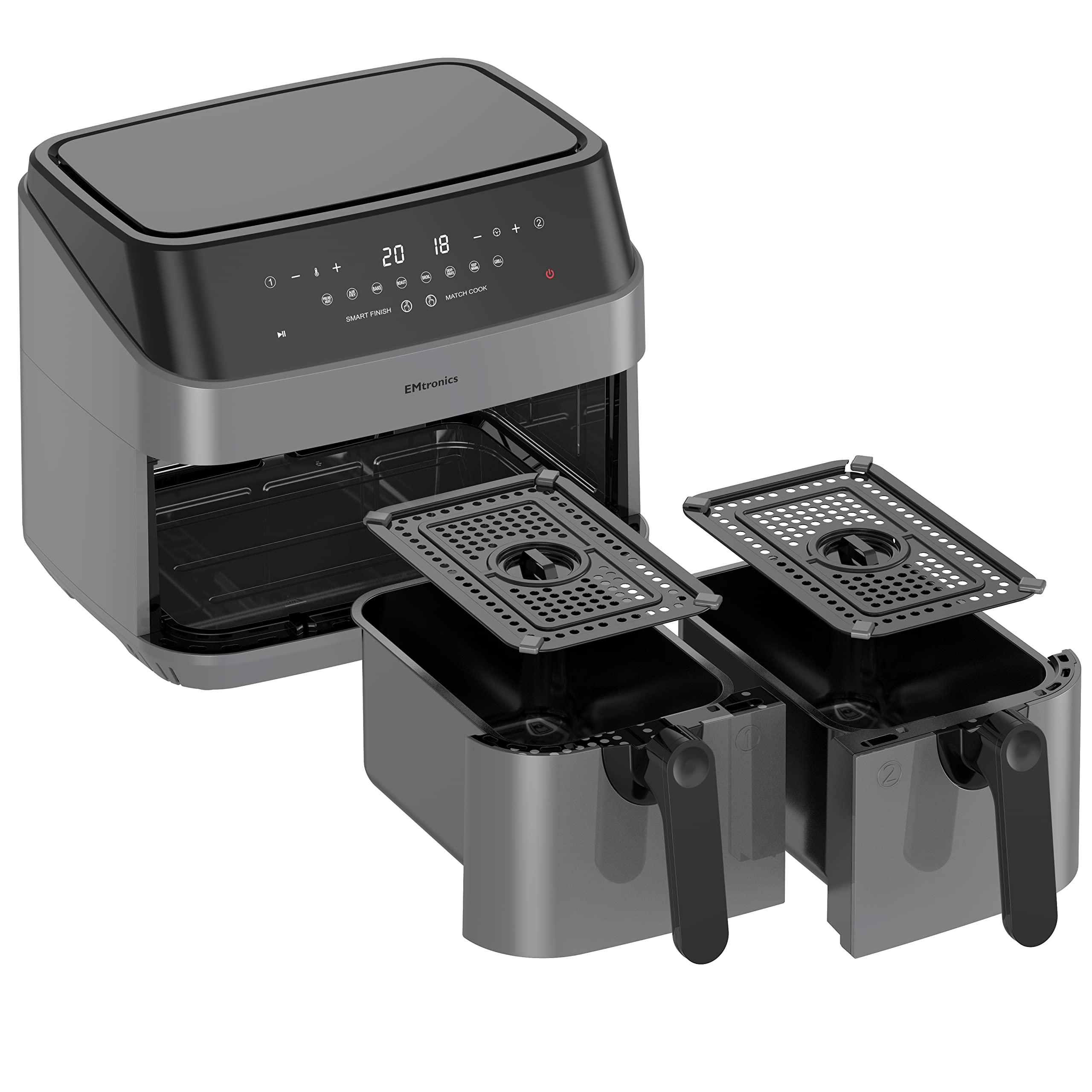 EMtronics EMAFDD9LGR Dual Air Fryer Extra Large Family Size Double XL 9 Litre with 8 Adjustable Pre-Set Menus for Oil Free & Low Fat Healthy Cooking,