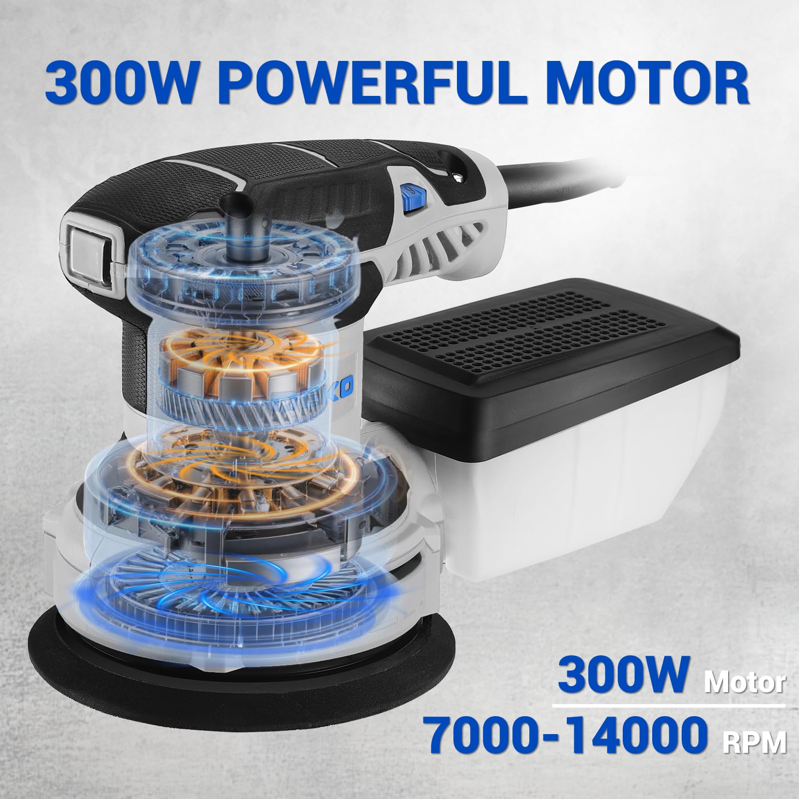 DEKOPRO Random Orbit Sander 300W with 16Pcs Sandpapers, 6 Variable Speed 14000RPM, 125MM Hand Electric Tool, High Performance Dust Collection System, Fit for Woodworking/Sanding