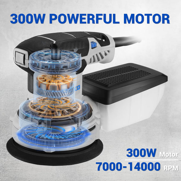 DEKOPRO Random Orbit Sander 300W with 16Pcs Sandpapers, 6 Variable Speed 14000RPM, 125MM Hand Electric Tool, High Performance Dust Collection System, Fit for Woodworking/Sanding