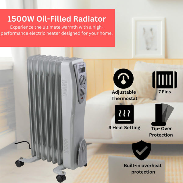 AMOS 1500W Electric Oil Filled Radiator Heater 7-Fin Portable Thermostat Heating Appliance with 3 Heat Settings, Safety Shut Off, and Power Indicator Light