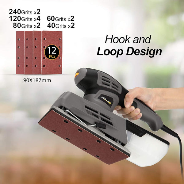 Jellas Sander, 220W 1/3 Sheet Sander, 12000RPM 6 Variable Speeds Electric Sander for Wood with Dust Collection Box, 12Pcs Sanding Sheets, Fast Paper Clamping Mechanism