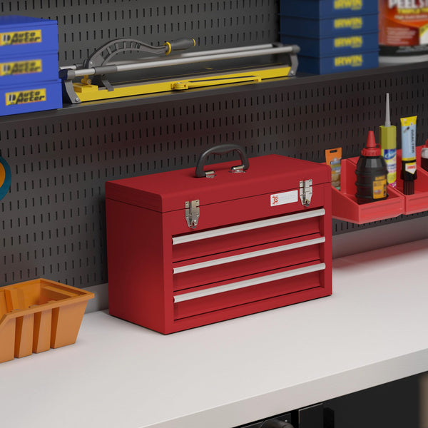 DURHAND 3 Drawer Tool Chest, Lockable Metal Tool Box with Ball Bearing Runners, Portable Toolbox, 510mm x 220mm x 320mm, Red