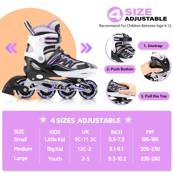 2pm Sports Adjustable Light up Inline Skates, Stylish Design Beginner Roller Skates for Boys and Girls - Purple Medium