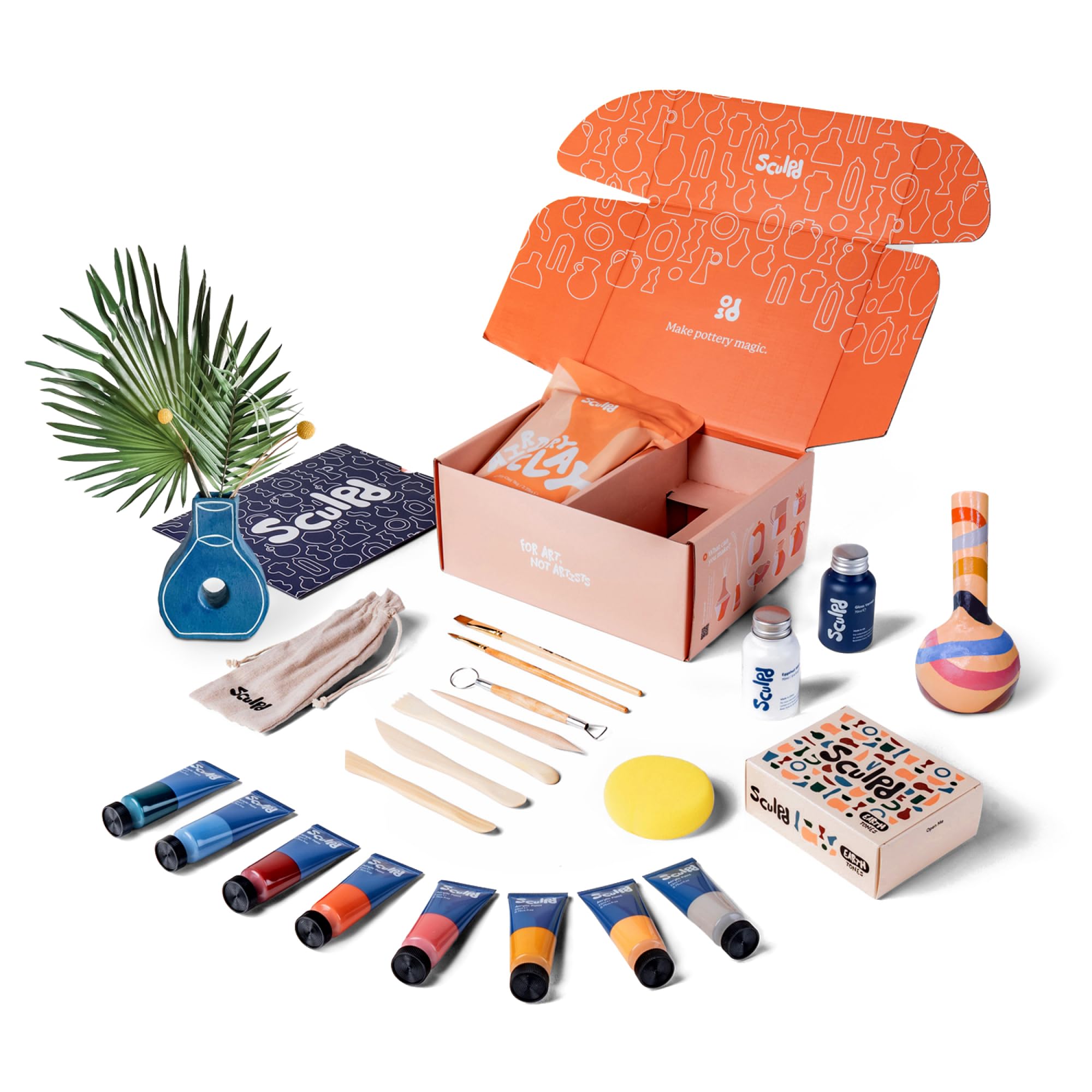 Sculpd Pottery Starter Kit - Complete Air Dry Clay + Painting Beginner Set for 2 Adults: Includes Sculpting Tools, Acrylic Paint, Brushes, Easy Guide,