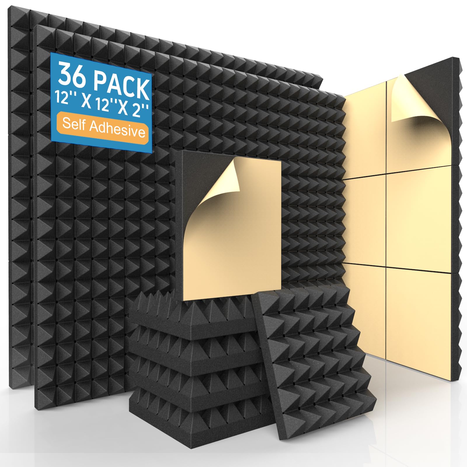 HERTBER-24 Pack Sound Proofing Panels 12x12x2 Inches Acoustic Wall Panels Self Adhesive Soundproofing Panels with Strong Glue, High Density Acoustic Panels for Sound Absorption and Echo Control
