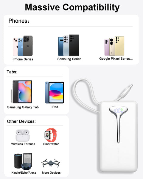 Power Bank Fast Charging, 22.5W Portable Charger 10000mAh, Small Battery Pack USB-C In & Out, Lightweight Powerbank with Built in Cable for iPhone 16/15/14/13/12, Samsung Galaxy, Xiaomi, Android etc