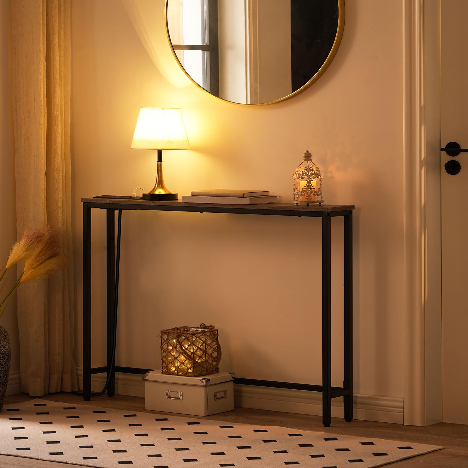 HOOBRO Slim Console Table with Charging Station, Narrow Behind Sofa Table with USB Ports and Power Outlets, 100 cm Long, Hallway Table for Entryway,