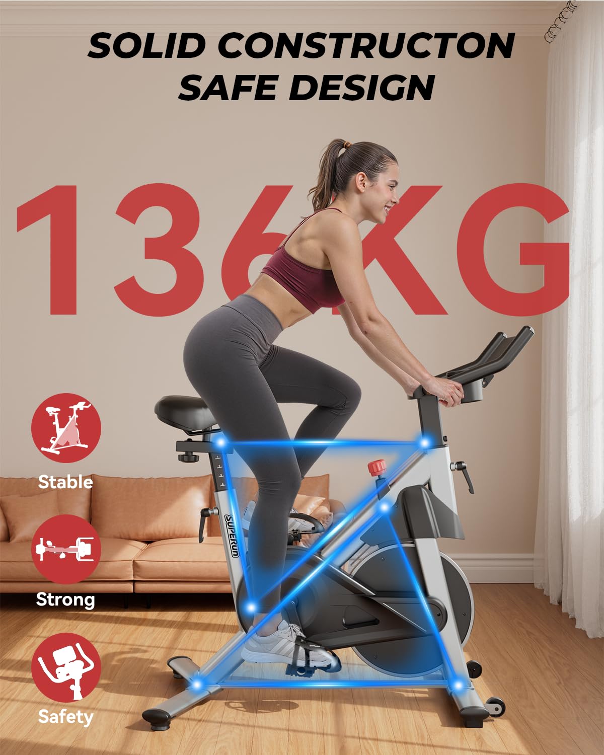 Superun Exercise Bike for Home Use Spin Bike with Adjustable Magnetic Resistance, Stationary Bike with LCD Display and APP, 136 kg Weight Capacity
