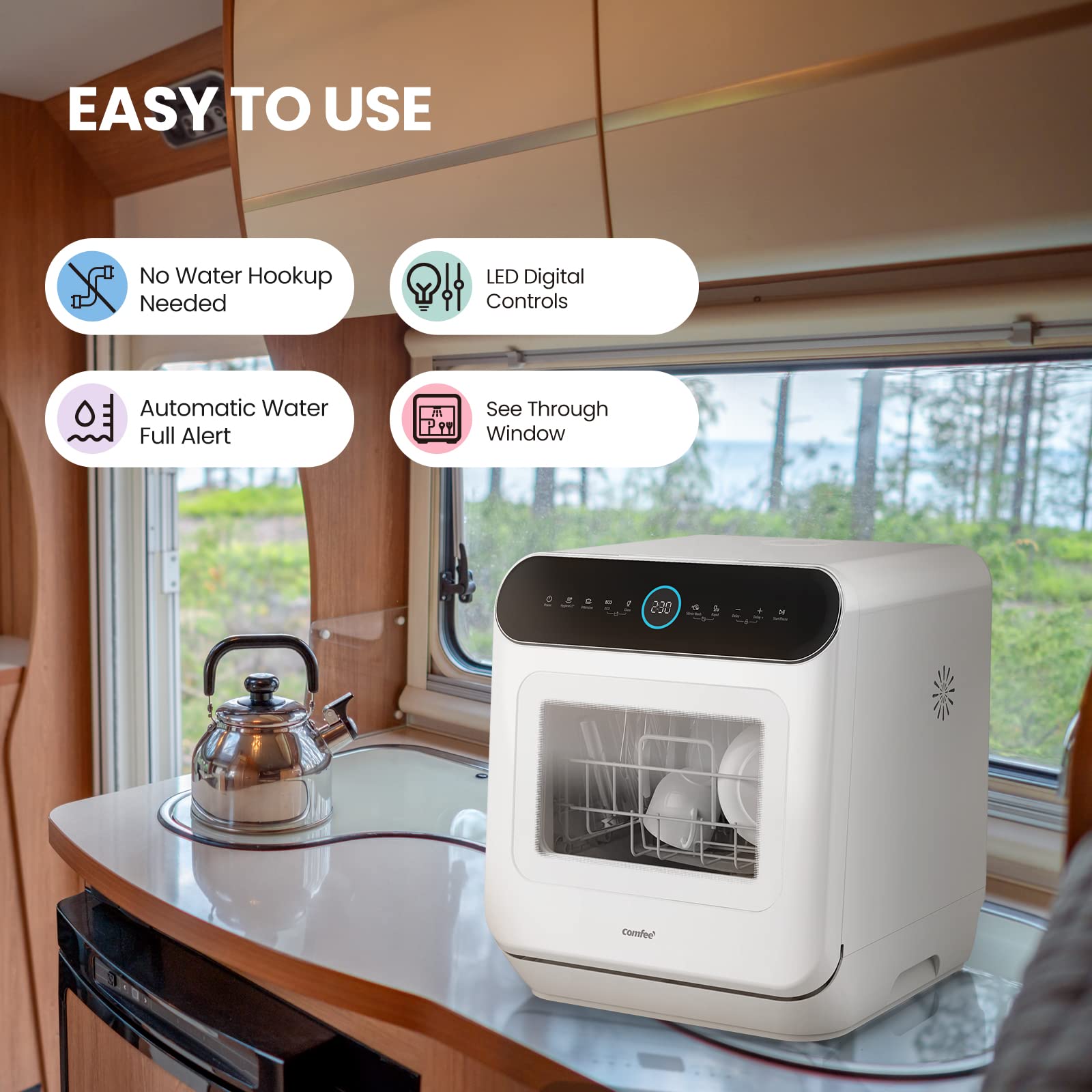 COMFEE' Table Top Dishwasher with 6 Place Settings, Mini Countertop Dishwasher for Small Families, Couples, LED display, Delay Start, 47dB Quiet Noise, White