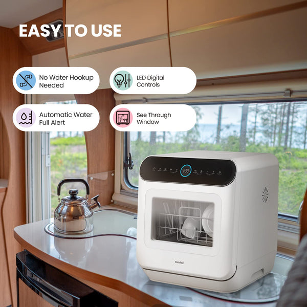 COMFEE' Table Top Dishwasher with 6 Place Settings, Mini Countertop Dishwasher for Small Families, Couples, LED display, Delay Start, 47dB Quiet Noise, White