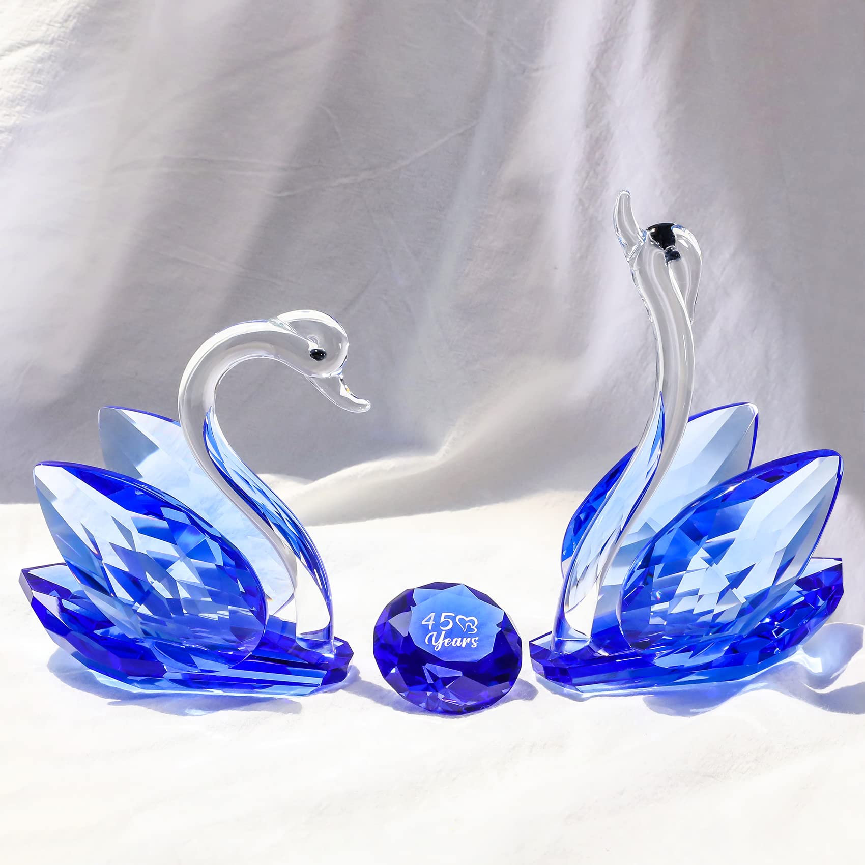 2PCS Crystal Swans Ornaments Gifts for Couple, Glass Figurines Collectibles With Sapphire Diamond 45th Anniversary Wedding Presents for Parents (45